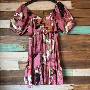 Nine West Abstract Multicolor Puff Sleeve Tiered Mini Dress | Size L